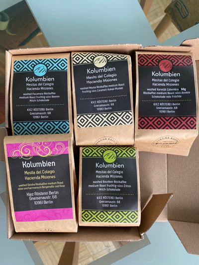 Probierbox 5 Kaffees je 100g von der Hacienda Misiones aus Kolumbien